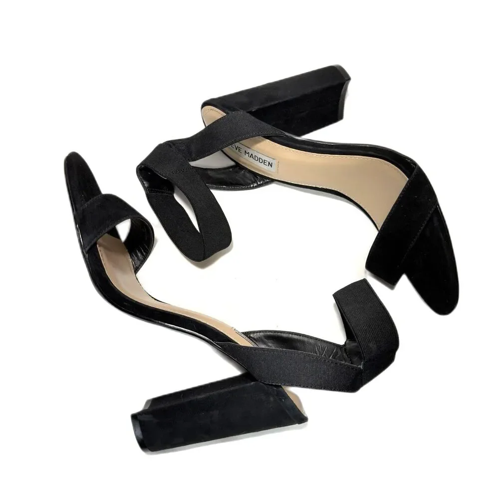 Steve Madden Women’s Velvet Black Block Heel Ankle Strap Leather Sandals Size 9